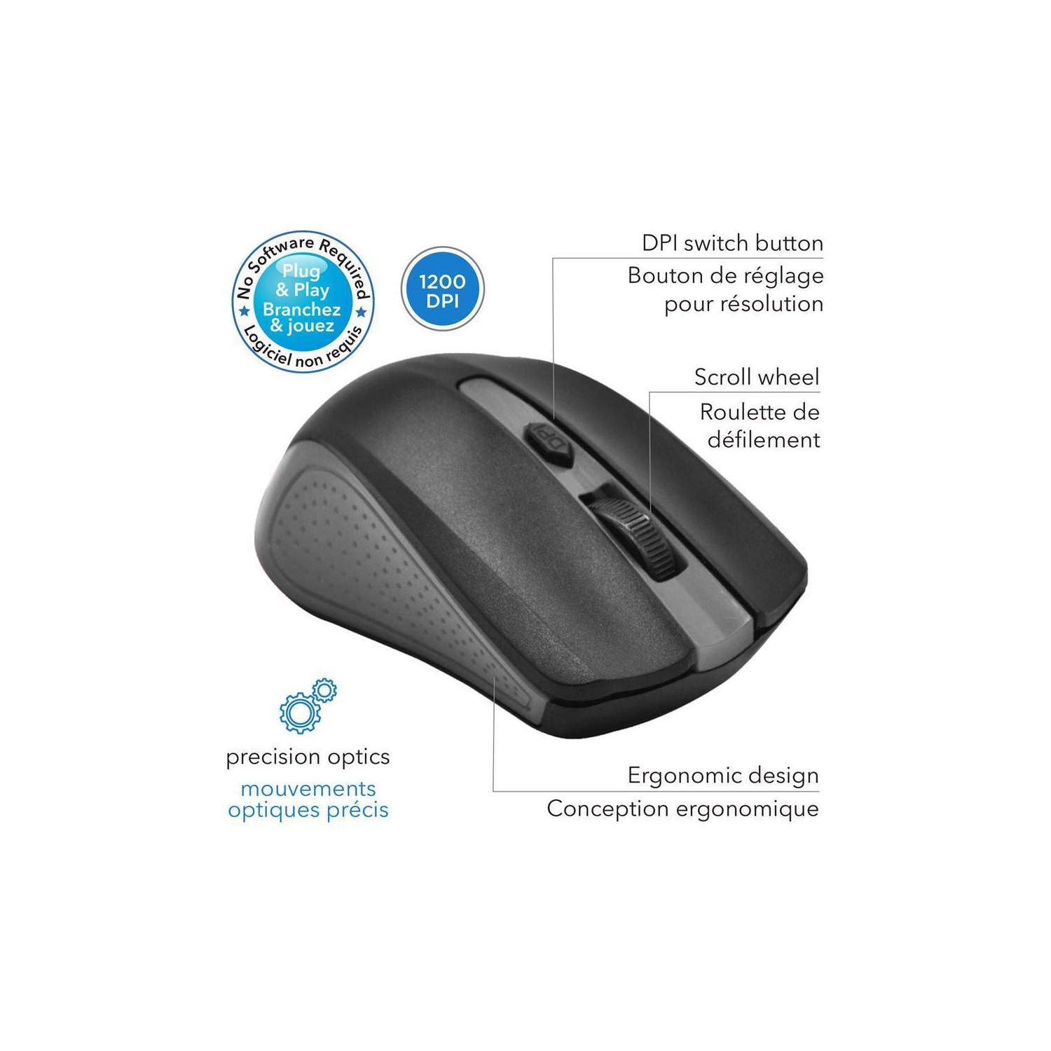 Elink CM500 - Wired Optical Wheel Mouse, 3 Buttons, 1200 dpi, Grey and Black