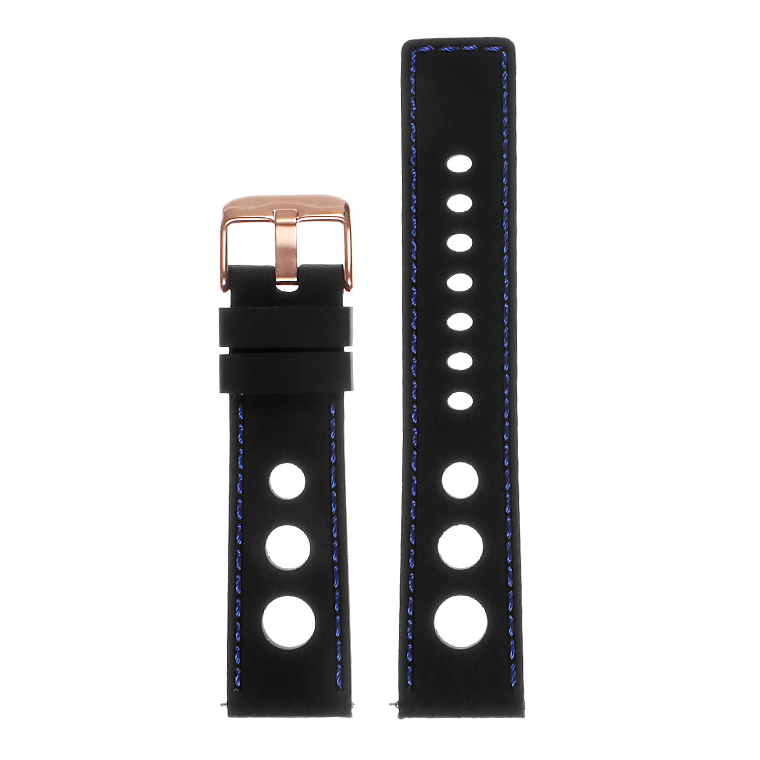 StrapsCo Silicone Rubber Rally 22mm Watch Band Strap for Garmin Legacy Hero 45mm - Black & Blue (Rose Gold Buckle)