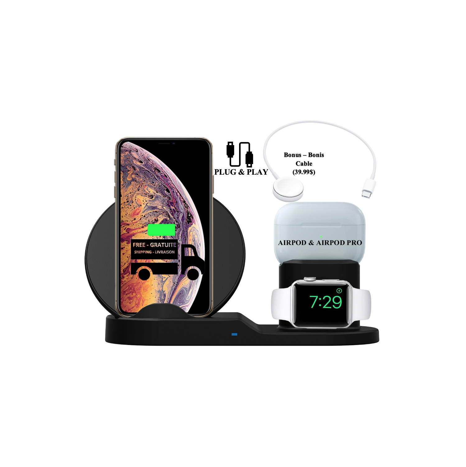 Stimula Lifestyle 3 in 1 Wireless Smartphone, Ultra Fast Apple Watch Airpods 2nd 3rd & Airpods Pro 1st & 2nd Generation, iPhone 12 13 14 15 Samsung Charger Stand 10W - Black