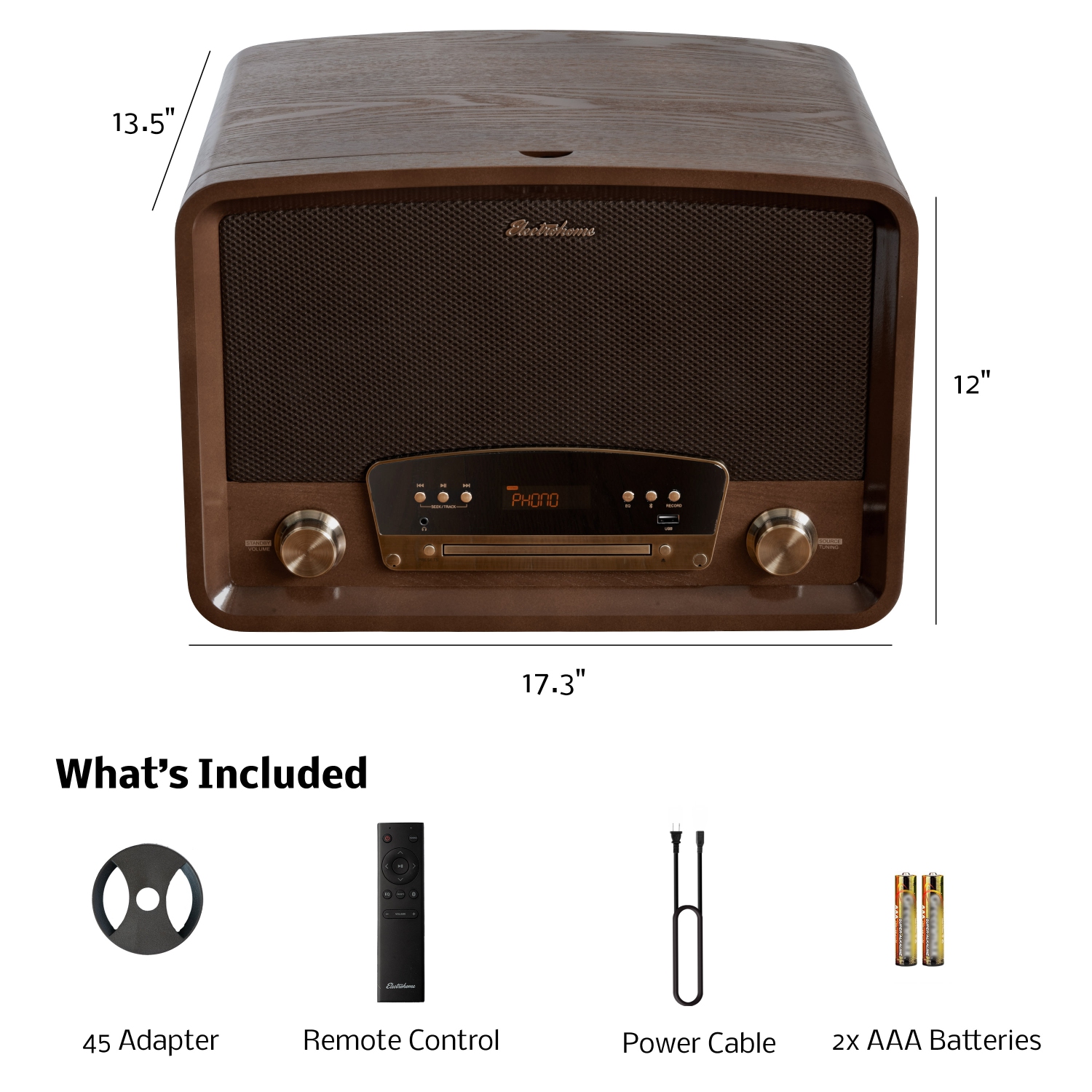Electrohome Kingston Vintage Vinyl Record Player Stereo System - Turntable, Bluetooth, Radio, CD, Aux, USB, Vinyl to MP3