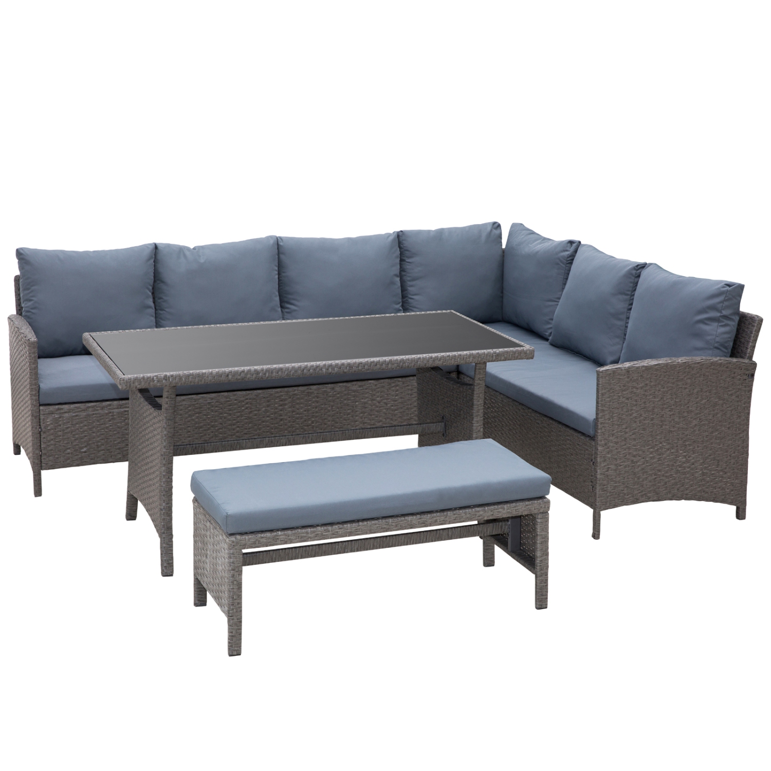 Ensemble de meubles de patio de 4 pièces Outsunny, ensemble de meubles d'extérieur en rotin avec long canapé en L, table à manger et banc pour jardin