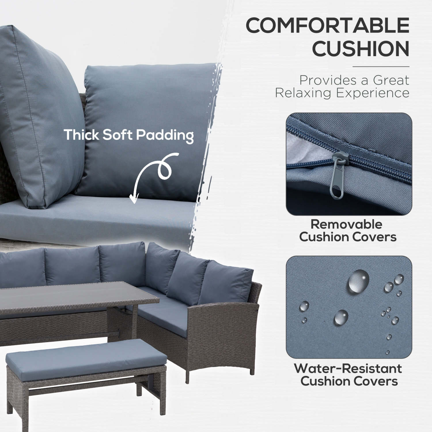 Ensemble de meubles de patio de 4 pièces Outsunny, ensemble de meubles d'extérieur en rotin avec long canapé en L, table à manger et banc pour jardin