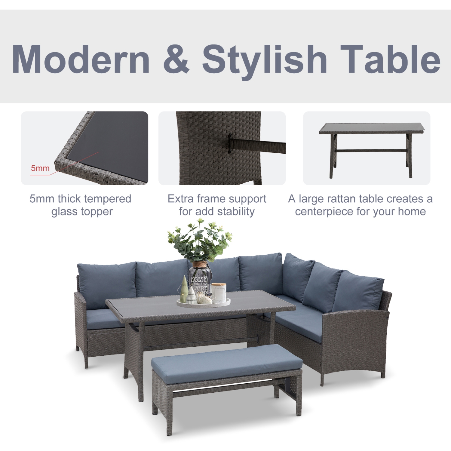 Ensemble de meubles de patio de 4 pièces Outsunny, ensemble de meubles d'extérieur en rotin avec long canapé en L, table à manger et banc pour jardin