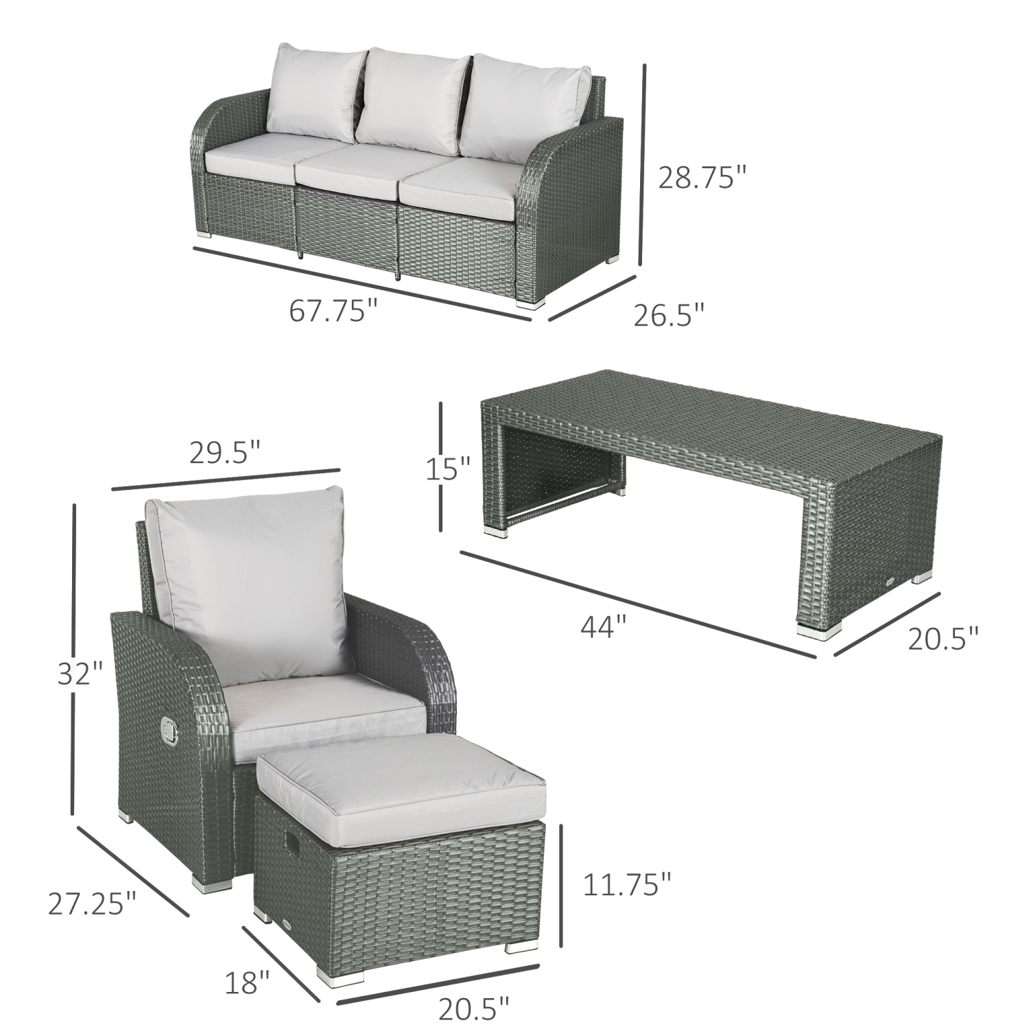 Mobilier de patio Outsunny avec coussins, ensemble de patio modulaire en osier de polyéthylène de 6 pièces avec canapé à trois sièges, 2 fauteuils