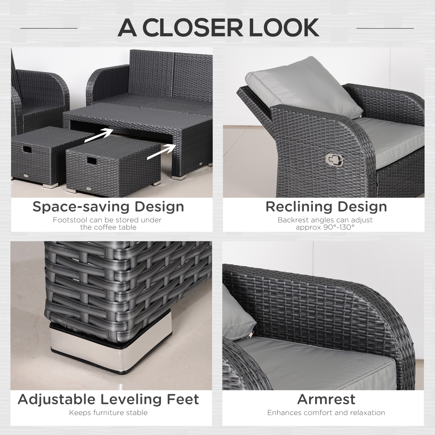 Mobilier de patio Outsunny avec coussins, ensemble de patio modulaire en osier de polyéthylène de 6 pièces avec canapé à trois sièges, 2 fauteuils