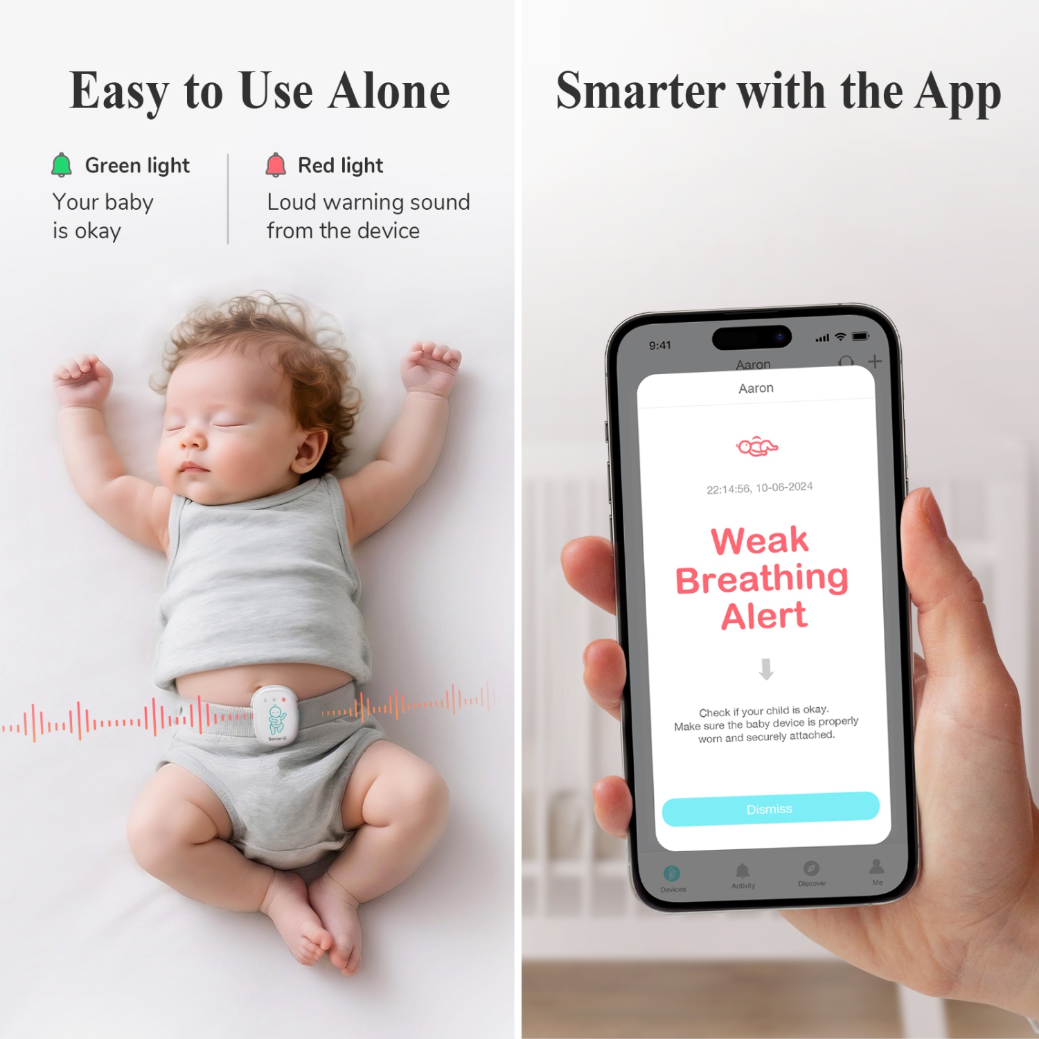 Sense-U Smart Baby Monitor avec notifications en temps réel d'absence de mouvements abdominaux, renversement, températures de sensation haute/basse,