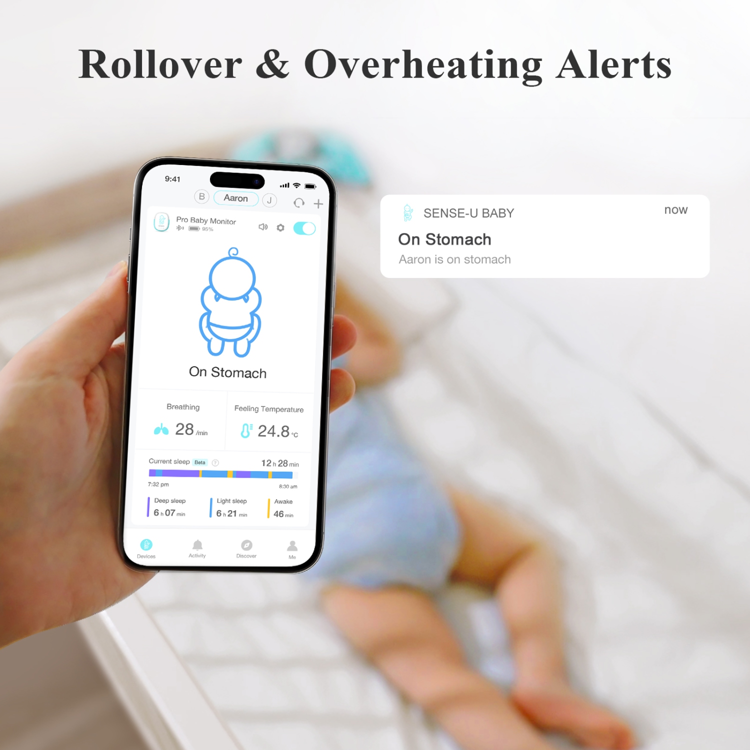 Sense-U Smart Baby Monitor avec notifications en temps réel d'absence de mouvements abdominaux, renversement, températures de sensation haute/basse,