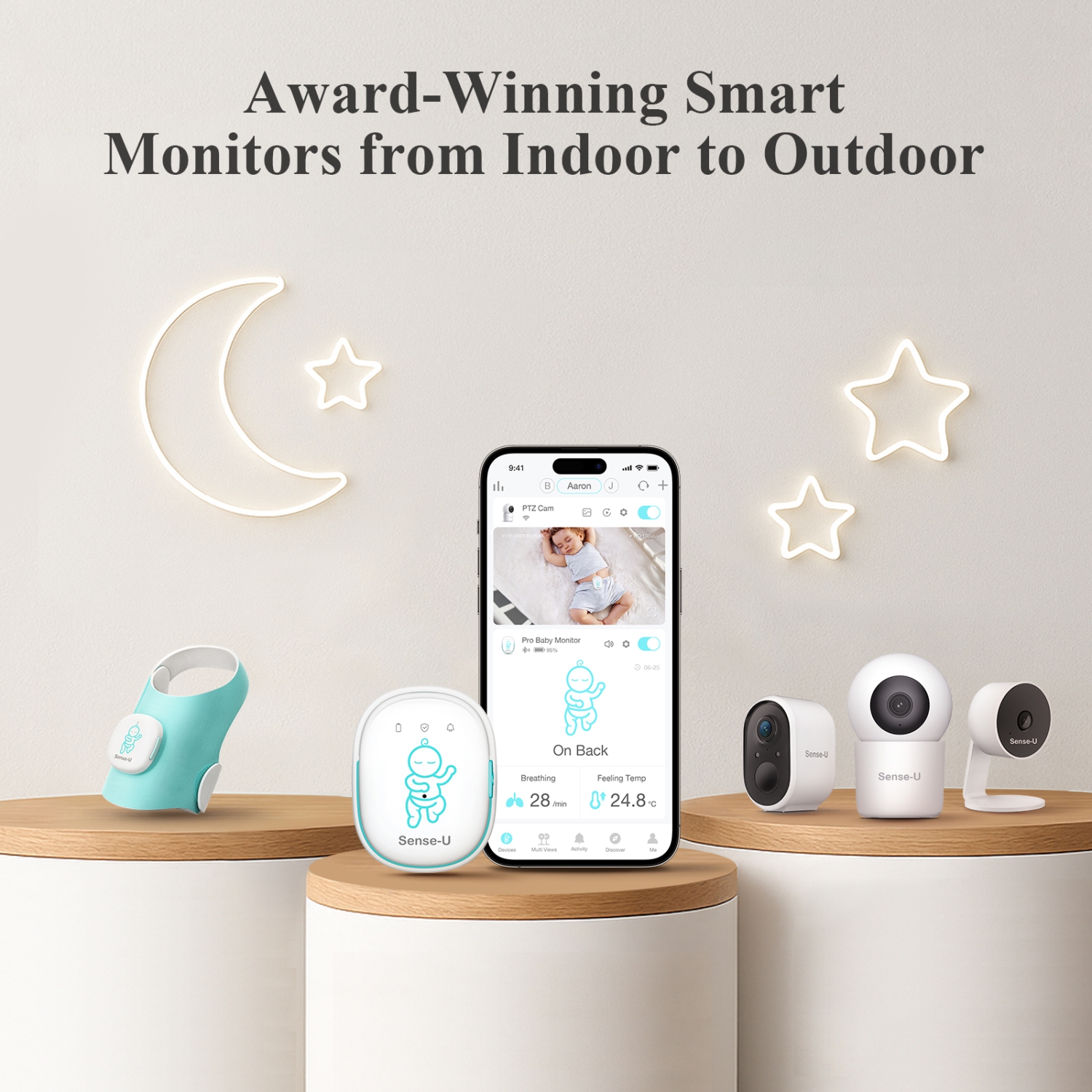 Sense-U Smart Baby Monitor avec notifications en temps réel d'absence de mouvements abdominaux, renversement, températures de sensation haute/basse,