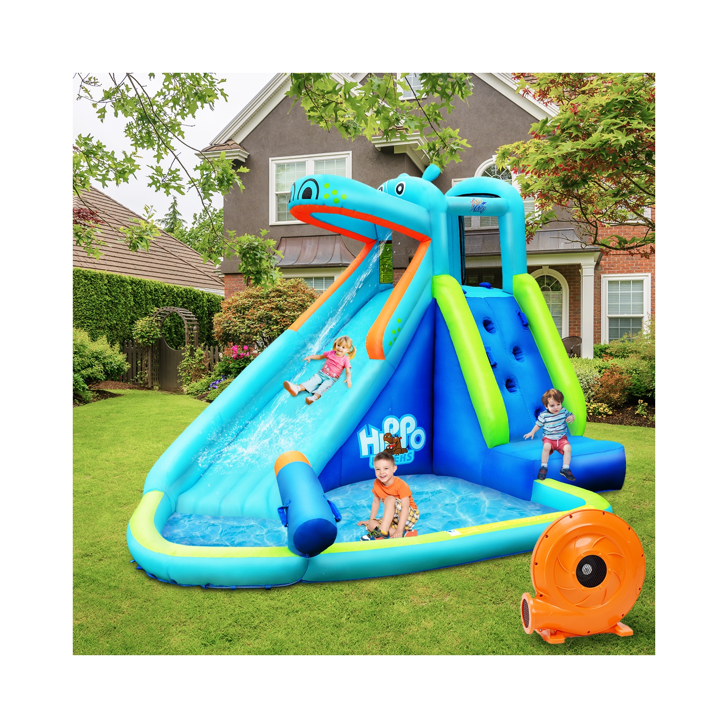 Aire de jeu aquatique gonflable Costway avec gonfleur 740W – Hippo