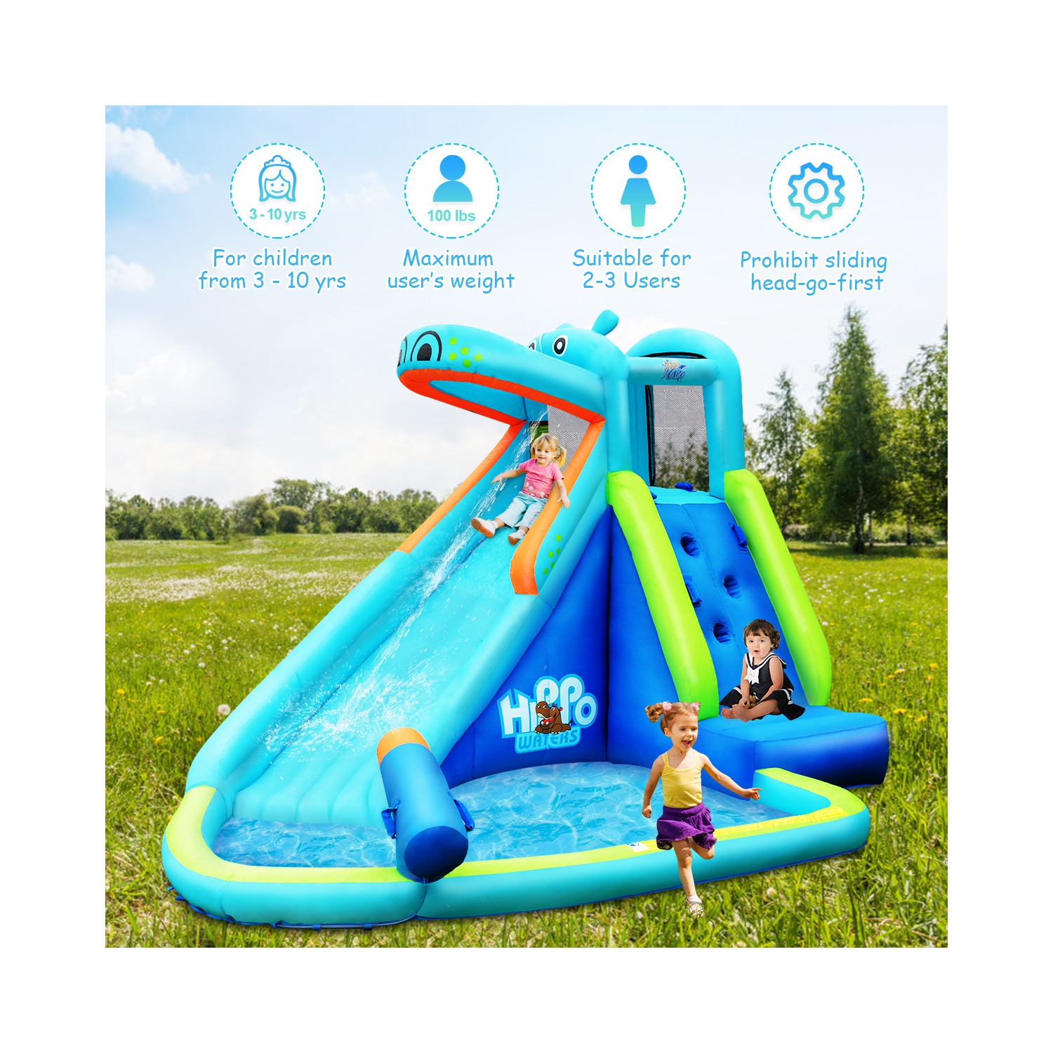 Aire de jeu aquatique gonflable Costway avec gonfleur 740W – Hippo