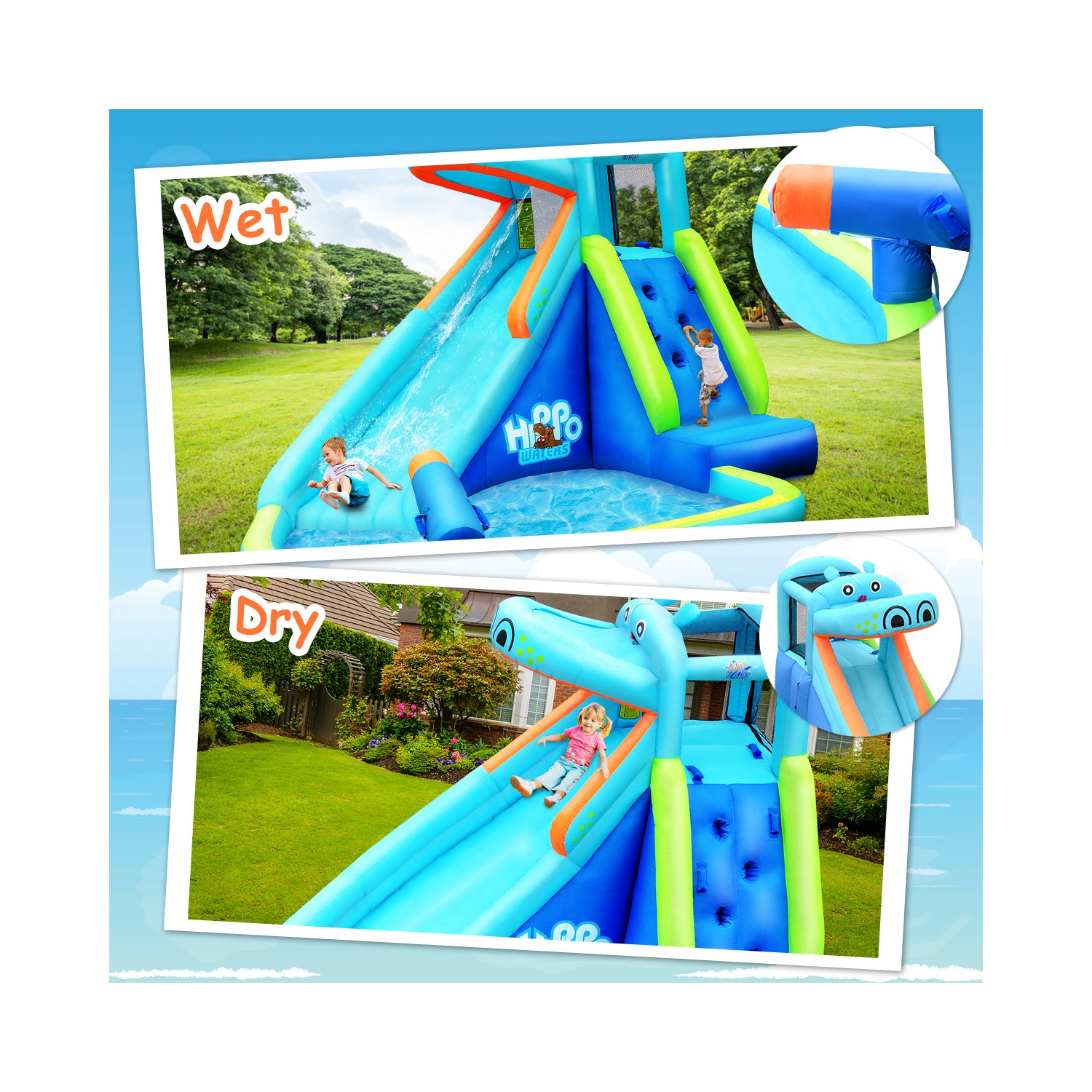 Aire de jeu aquatique gonflable Costway avec gonfleur 740W – Hippo