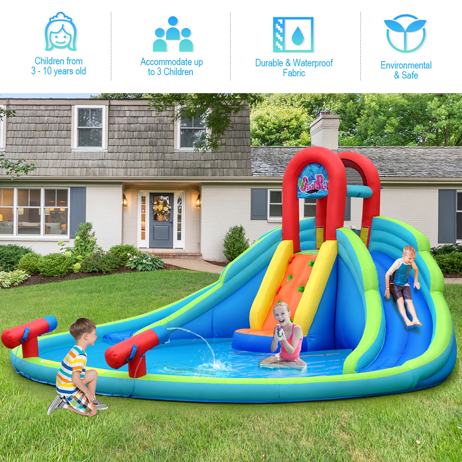 Costway Inflatable Bounce House Water Splash Pool Dual Slide Climbing Wall