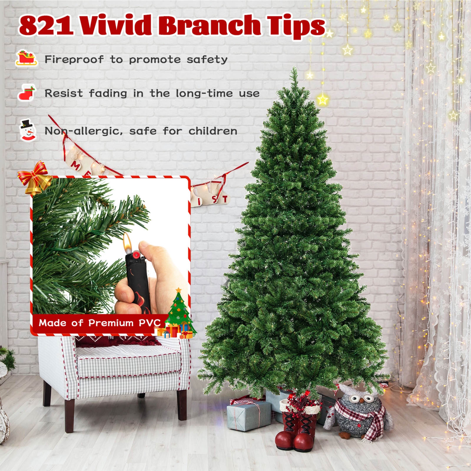 Costway 6 FT Artificial Xmas Tree with 821 PVC Branch Tips 560 Warm White LED Lights