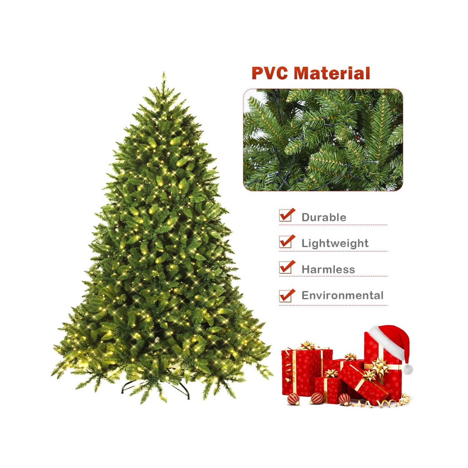 Costway 5ft Pre-lit PVC Christmas Fir Tree Hinged 8 Flash Modes