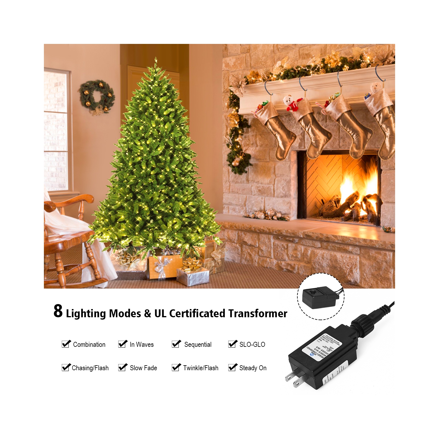 Costway 5ft Pre-lit PVC Christmas Fir Tree Hinged 8 Flash Modes