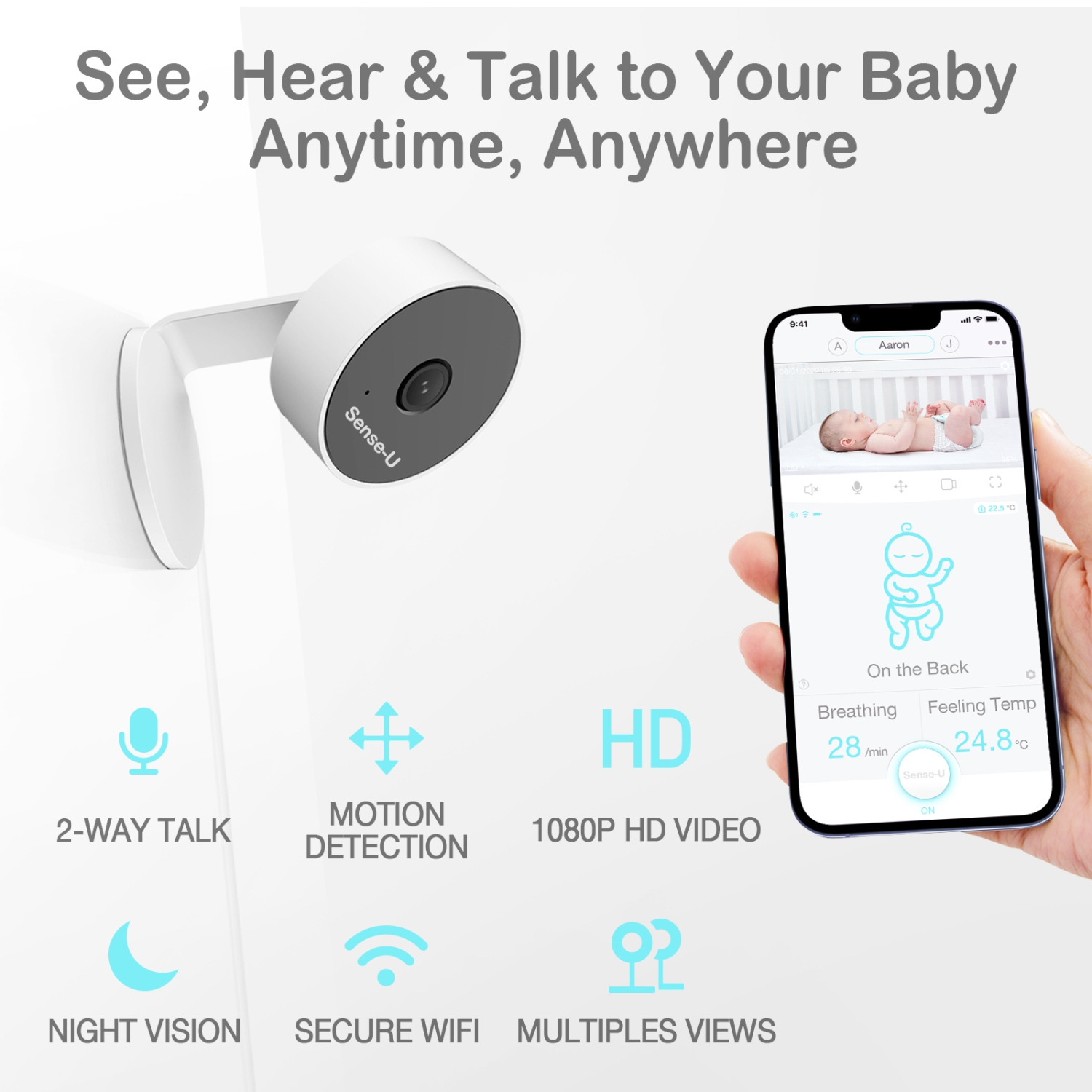 Sense-U Video Baby Monitor with 1080P HD Wi-Fi Camera and Background Audio,  Night Vision, 2-Way Talk and Motion Detection - Compatible with