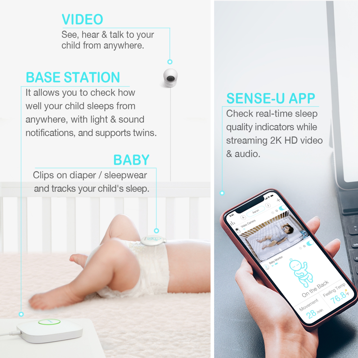 Sense-U Smart Baby Monitor 3+2K Remote PTZ Camera, Video Baby