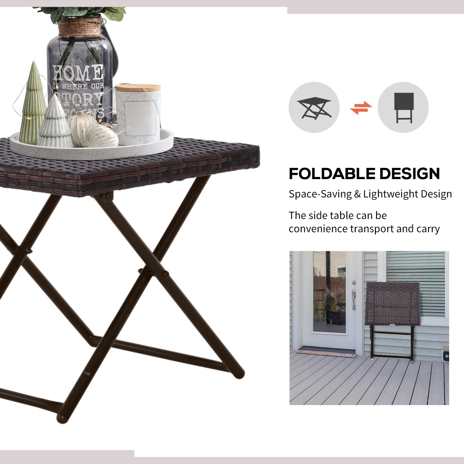 Outsunny Rattan Coffee Table Folding Patio Outdoor Side Table Wicker for Balcony, Porch, Poolside, 15.75"x15.75"x15.75", Brown