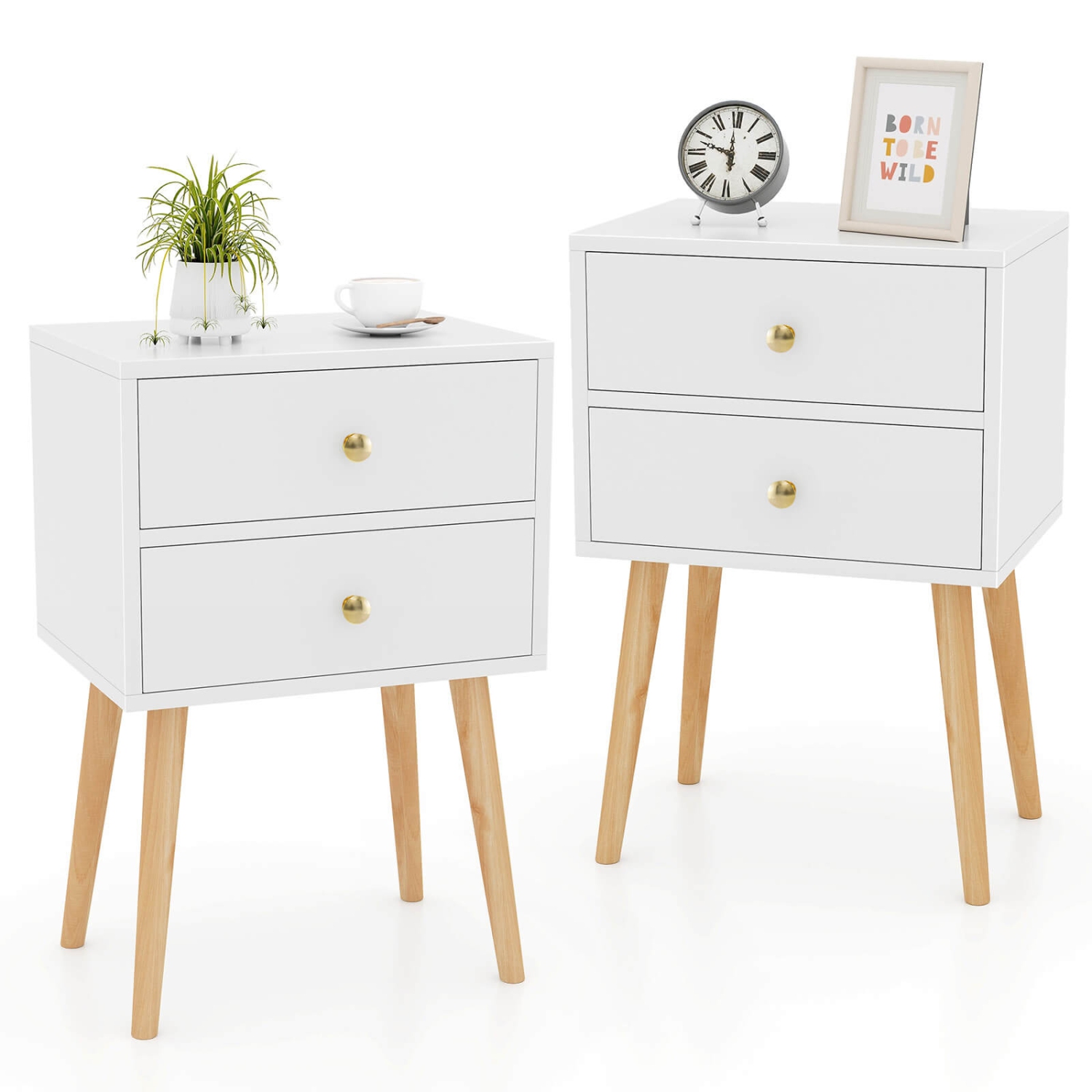 Costway 2PCS Mid Century Modern 2 Drawers Nightstand Sofa Side End Table White