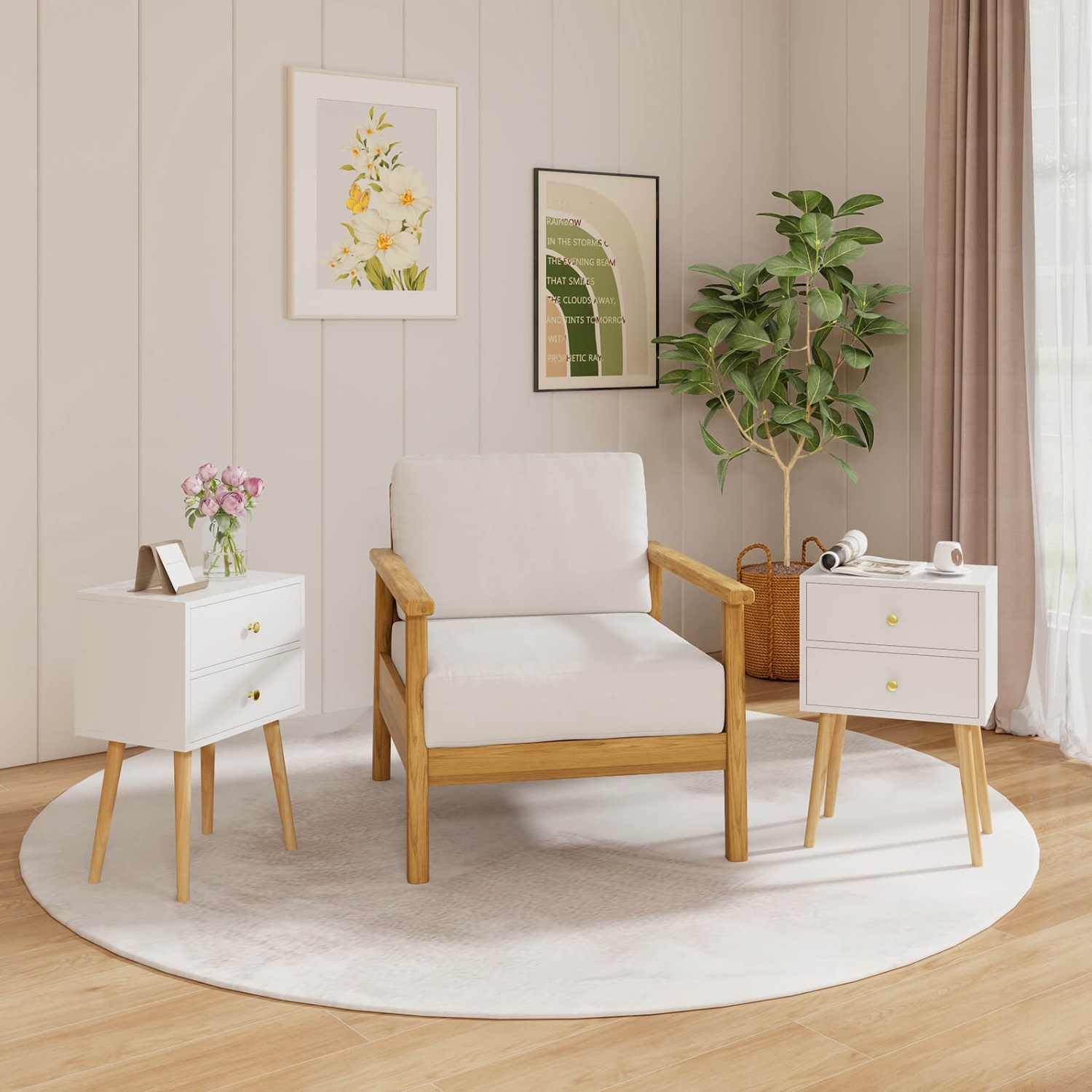 Costway 2PCS Mid Century Modern 2 Drawers Nightstand Sofa Side End Table White