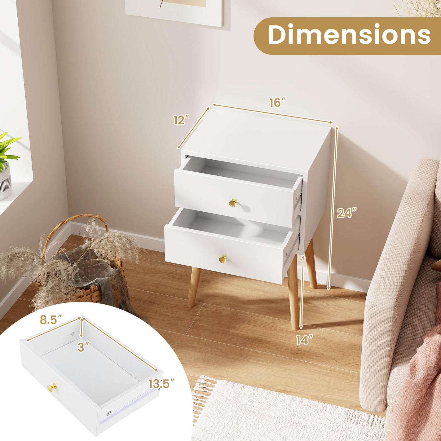 Costway 2PCS Mid Century Modern 2 Drawers Nightstand Sofa Side End Table White