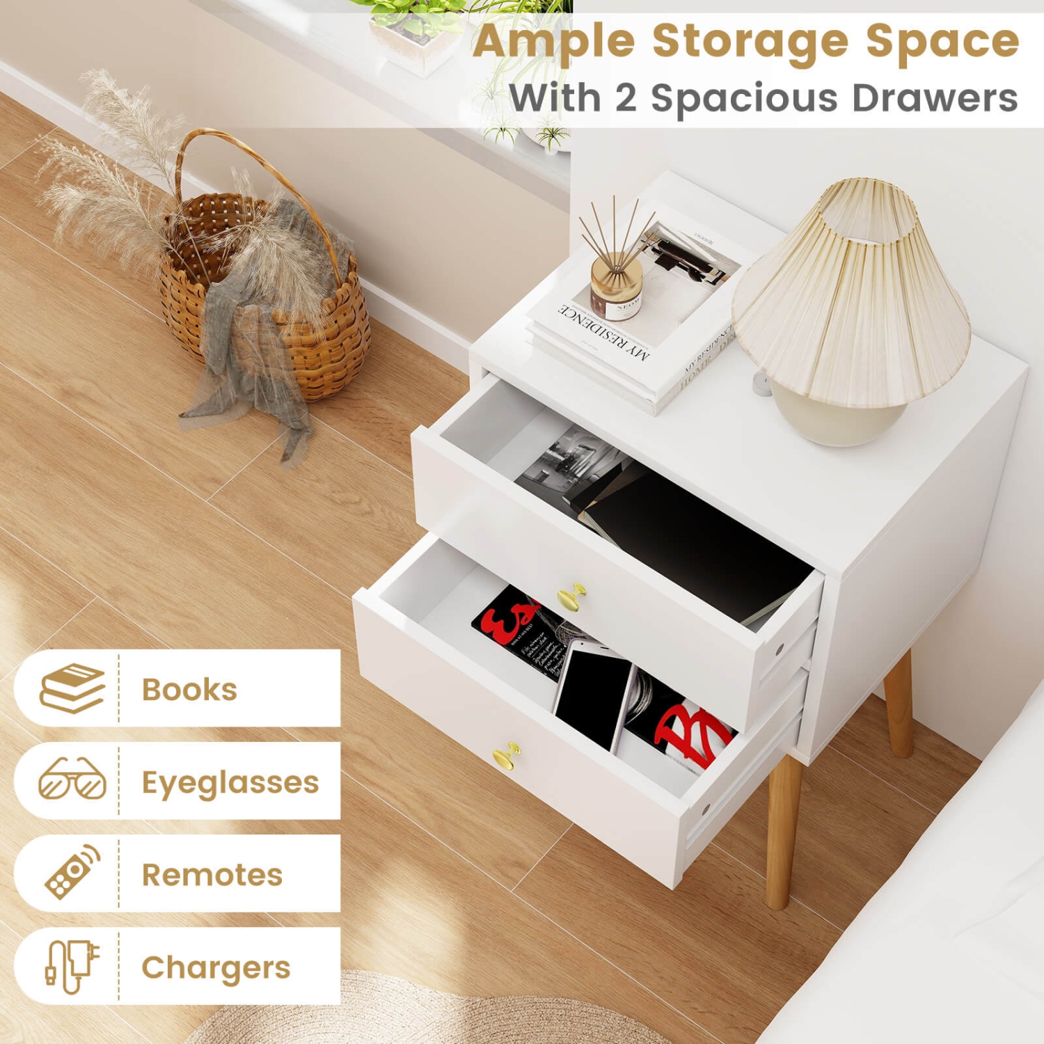 Costway 2PCS Mid Century Modern 2 Drawers Nightstand Sofa Side End Table White