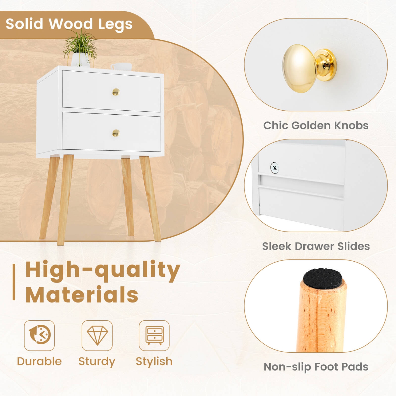 Costway 2PCS Mid Century Modern 2 Drawers Nightstand Sofa Side End Table White