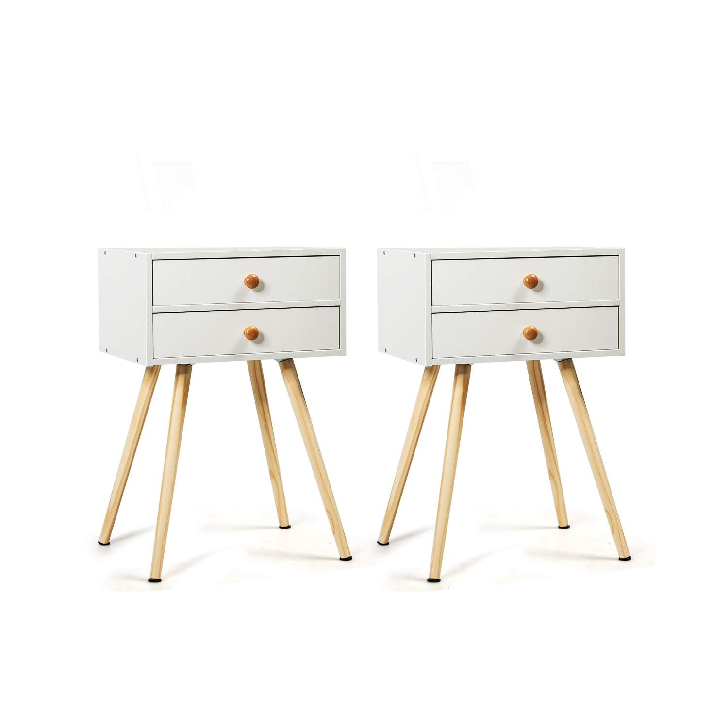 Costway 2PCS Mid Century Modern 2 Drawers Nightstand Sofa Side End Table White