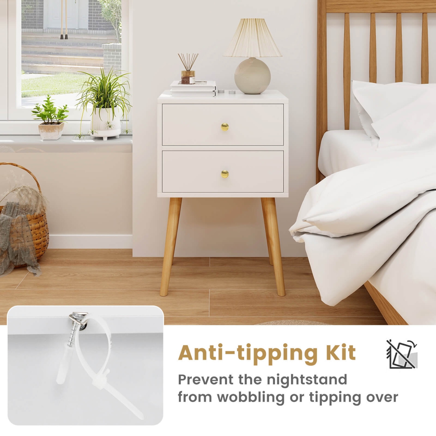 Table de chevet moderne du milieu du siècle avec 2 tiroirs en bois massif de Costway