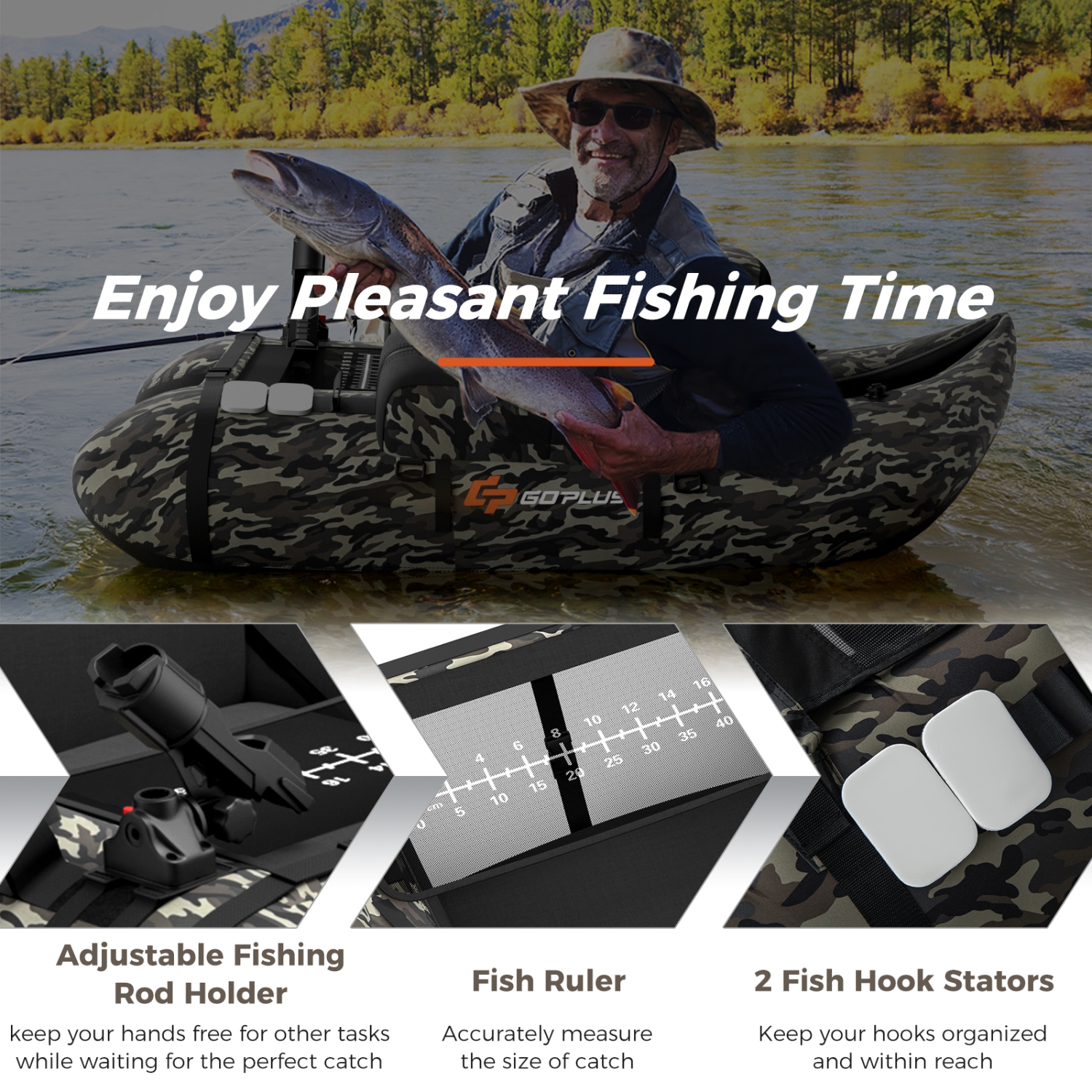 Goplus Inflatable Fishing Float Tube w/Adjustable Straps & Storage Pockets  & Fish Ruler