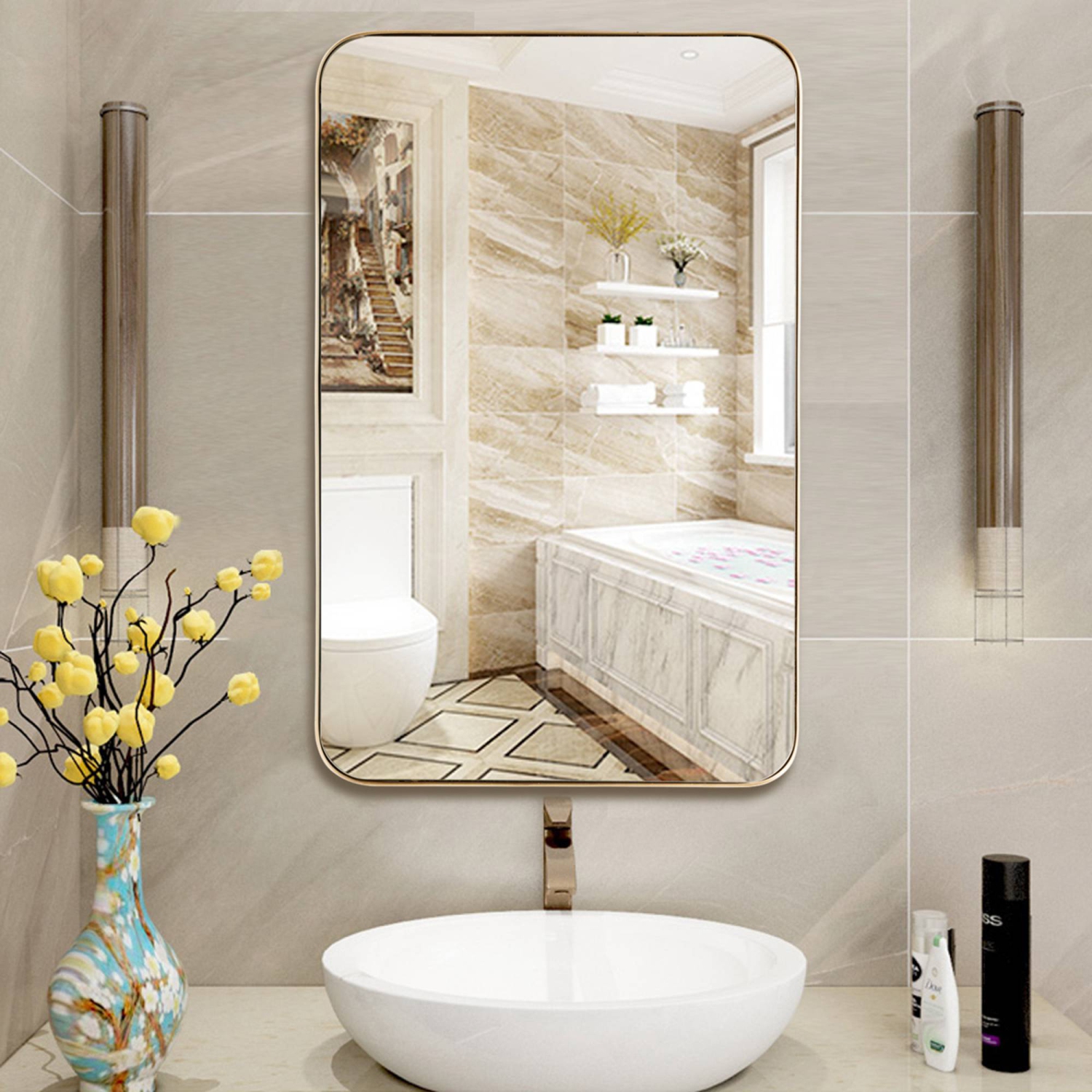 Costway 32''x20'' Wall-Mounted Rectangle Mirror Metal Frame Bathroom Entryway Gold