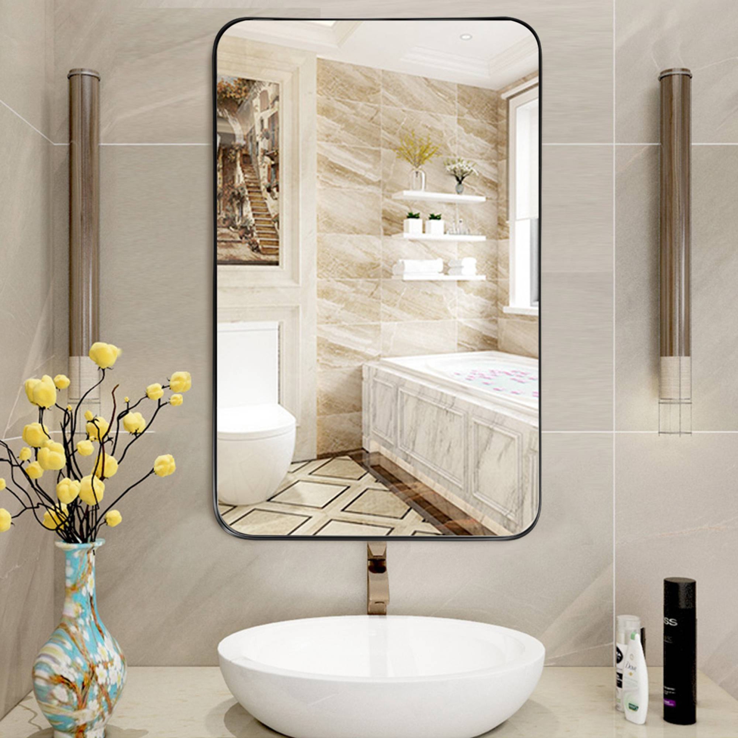 Costway 32''x20'' Wall-Mounted Rectangle Mirror Metal Frame Bathroom Entryway Black