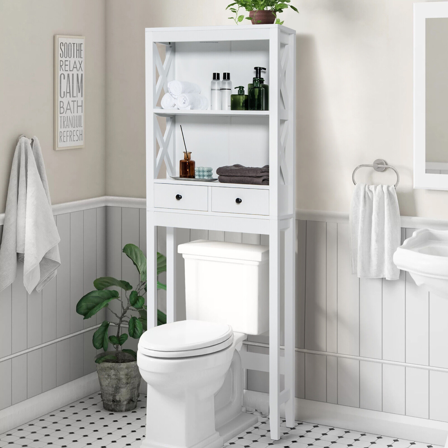 Costway Over the Toilet Storage Rack Bathroom Space Saver w/ 2 Open Shelves & Drawers