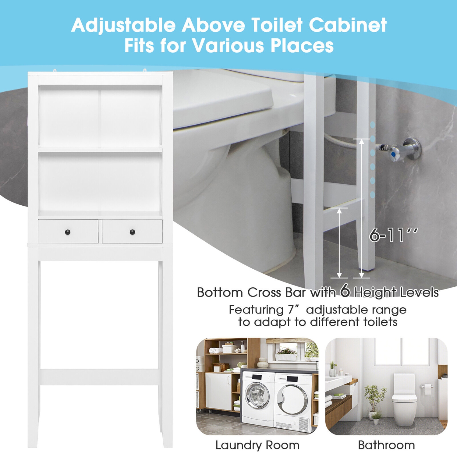 Costway Over the Toilet Storage Rack Bathroom Space Saver w/ 2 Open Shelves & Drawers