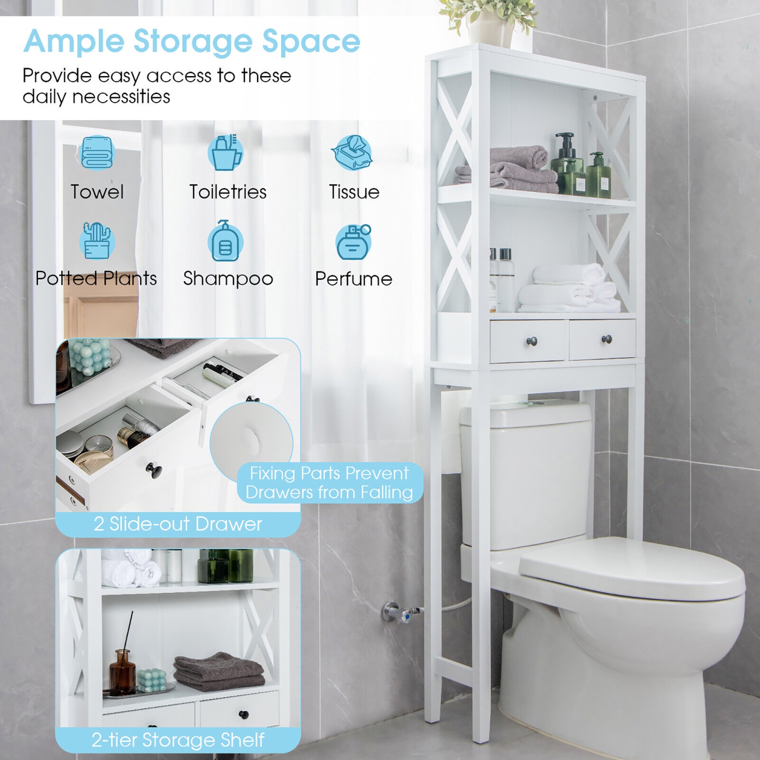 Costway Over the Toilet Storage Rack Bathroom Space Saver w/ 2 Open Shelves & Drawers