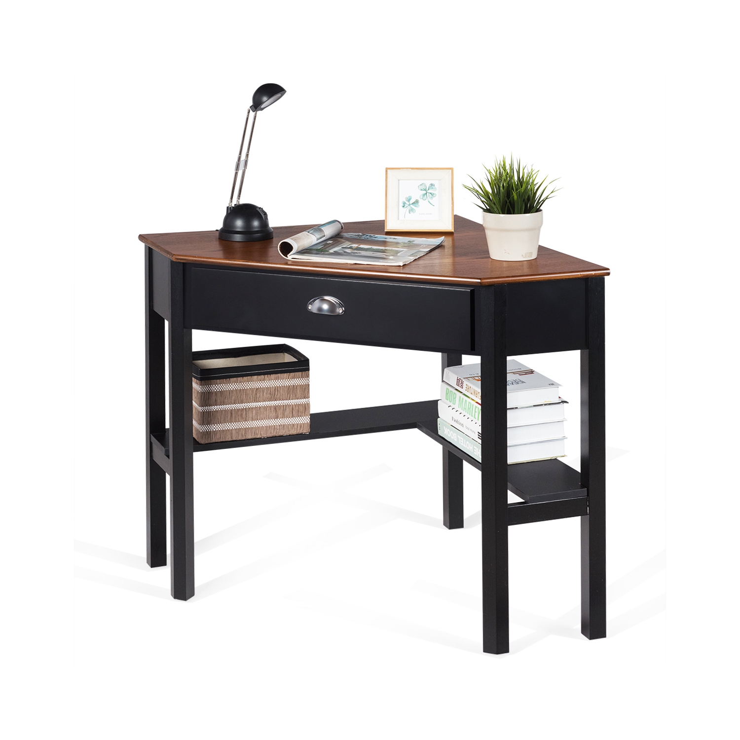 Bureau d'ordinateur en coin de Costway triangle avec tablettes à tiroir pour portable, table rustique