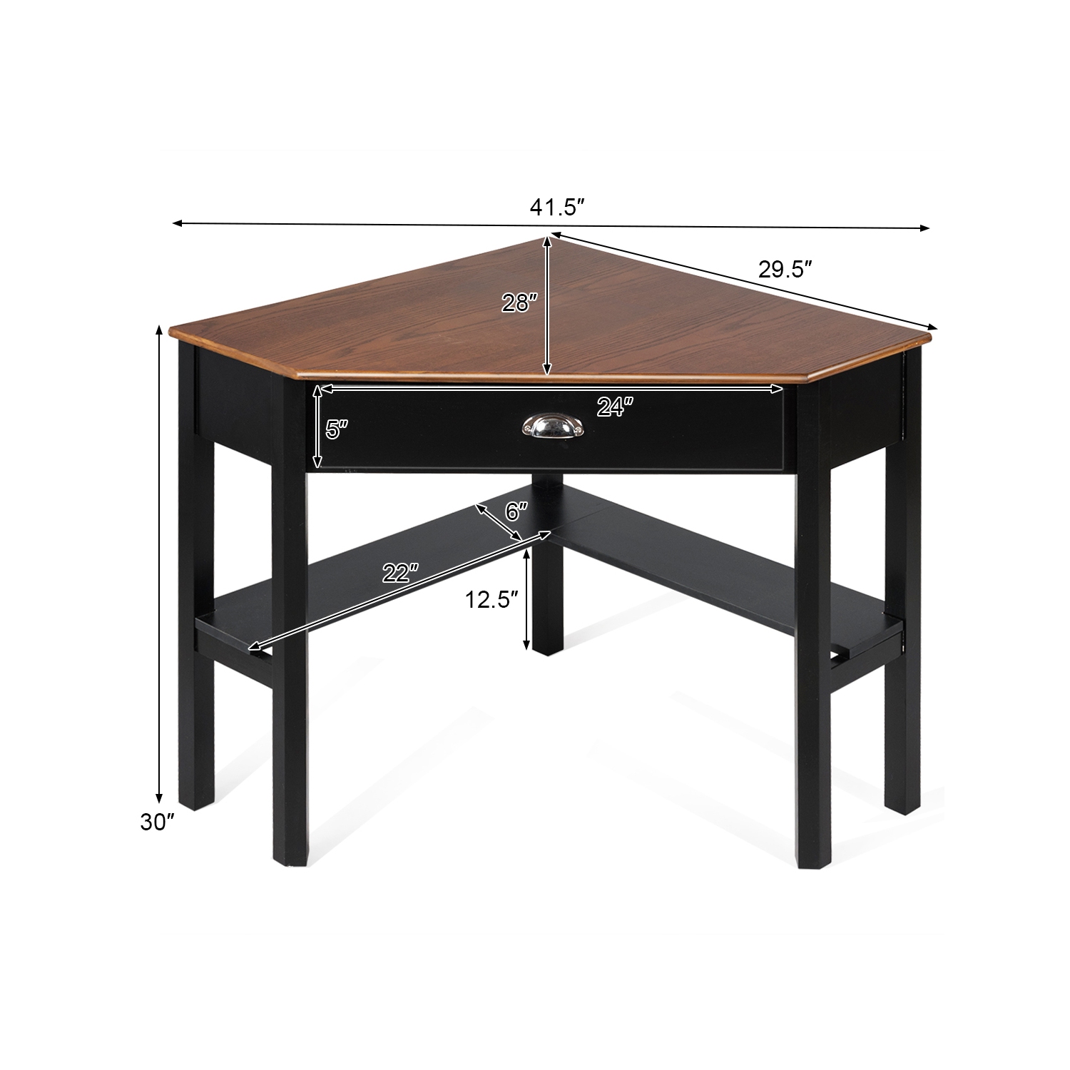 Bureau d'ordinateur en coin de Costway triangle avec tablettes à tiroir pour portable, table rustique