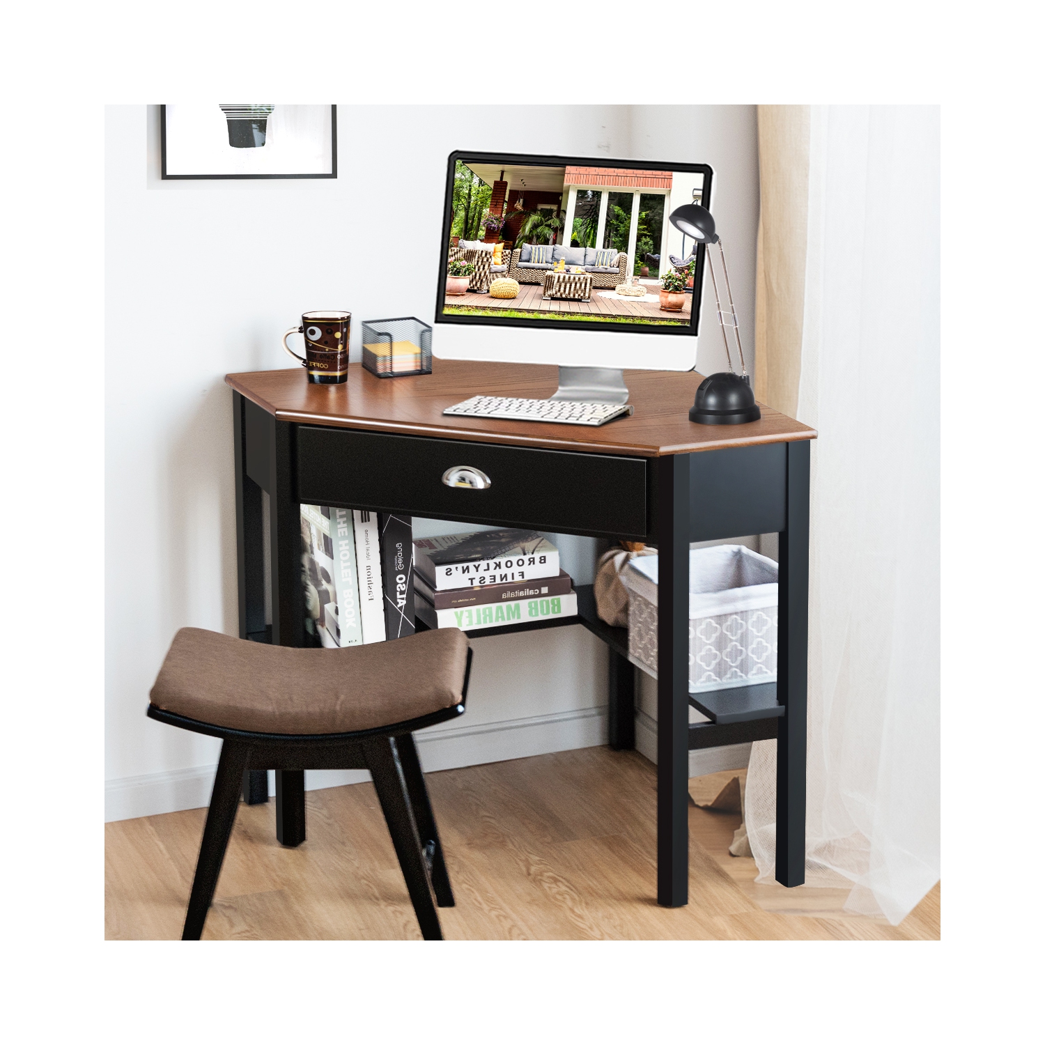 Bureau d'ordinateur en coin de Costway triangle avec tablettes à tiroir pour portable, table rustique