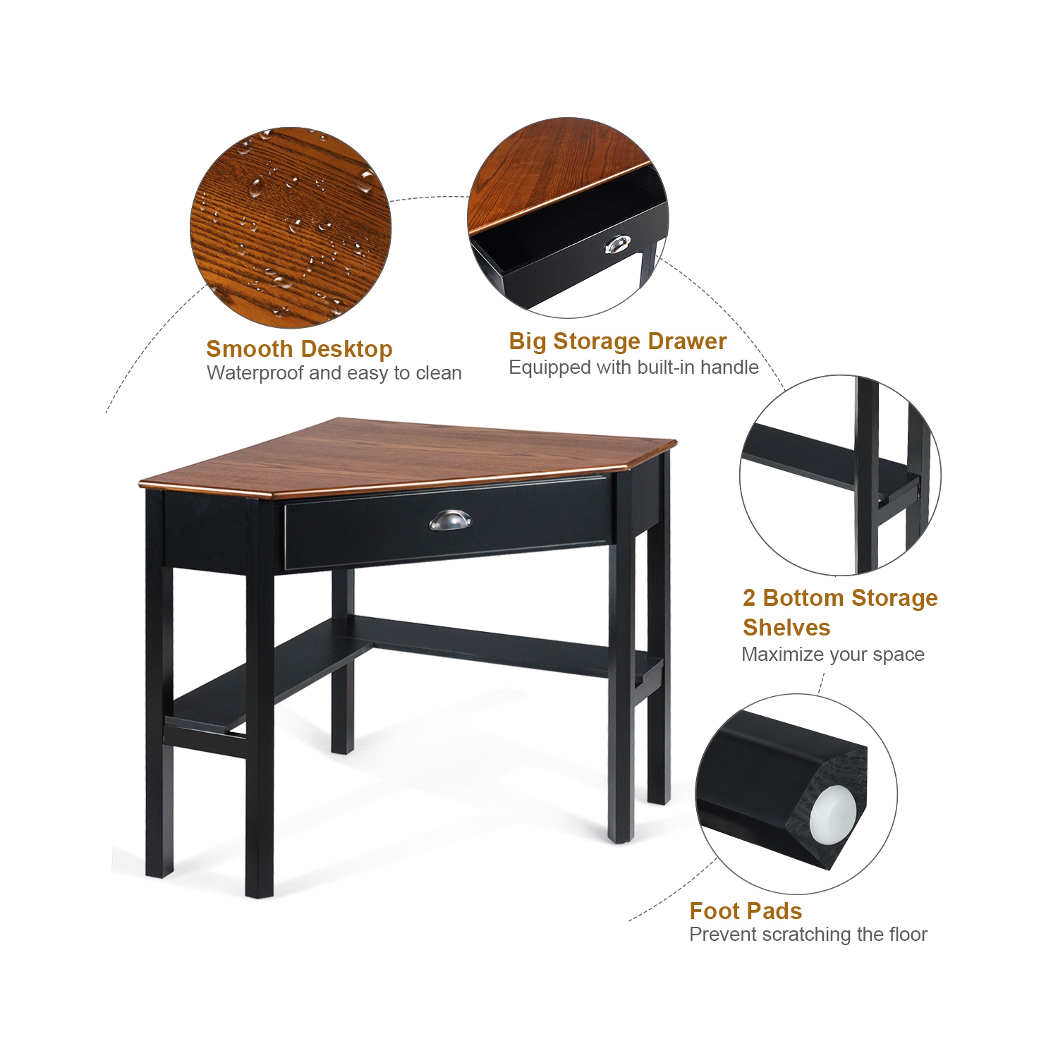 Bureau d'ordinateur en coin de Costway triangle avec tablettes à tiroir pour portable, table rustique