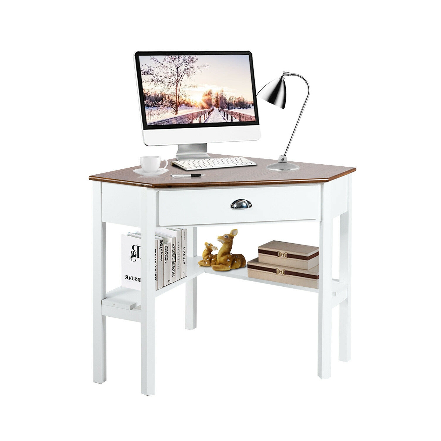 Bureau d'ordinateur en coin de Costway triangle avec tablettes à tiroir pour portable, table rustique
