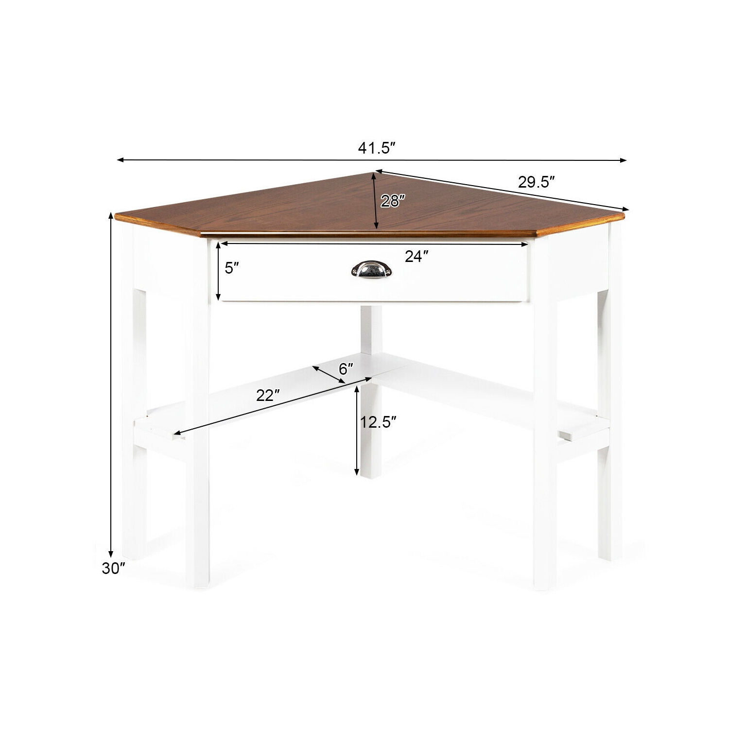 Bureau d'ordinateur en coin de Costway triangle avec tablettes à tiroir pour portable, table rustique