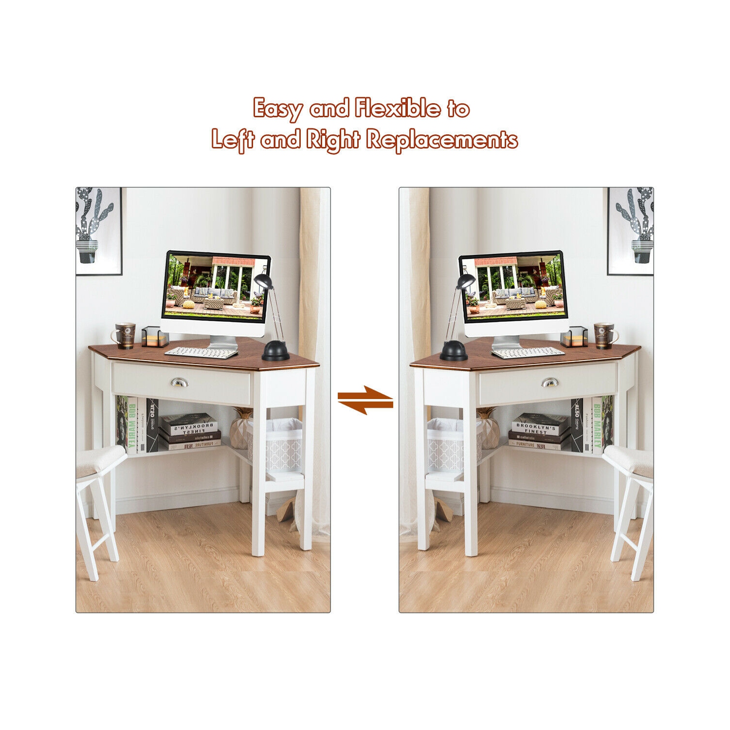 Bureau d'ordinateur en coin de Costway triangle avec tablettes à tiroir pour portable, table rustique