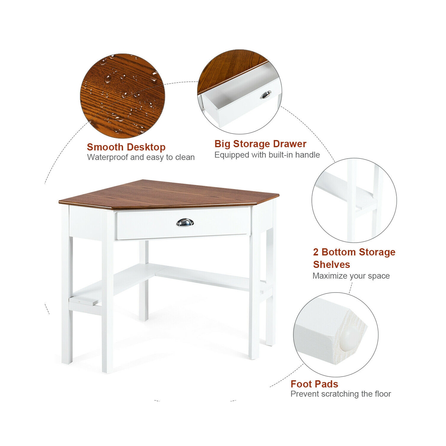 Bureau d'ordinateur en coin de Costway triangle avec tablettes à tiroir pour portable, table rustique