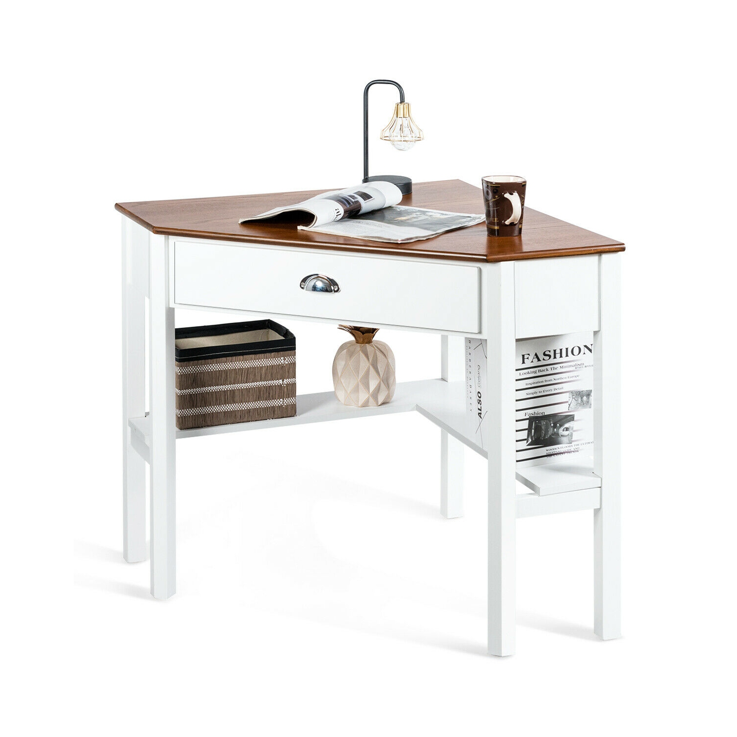 Bureau d'ordinateur en coin de Costway triangle avec tablettes à tiroir pour portable, table rustique