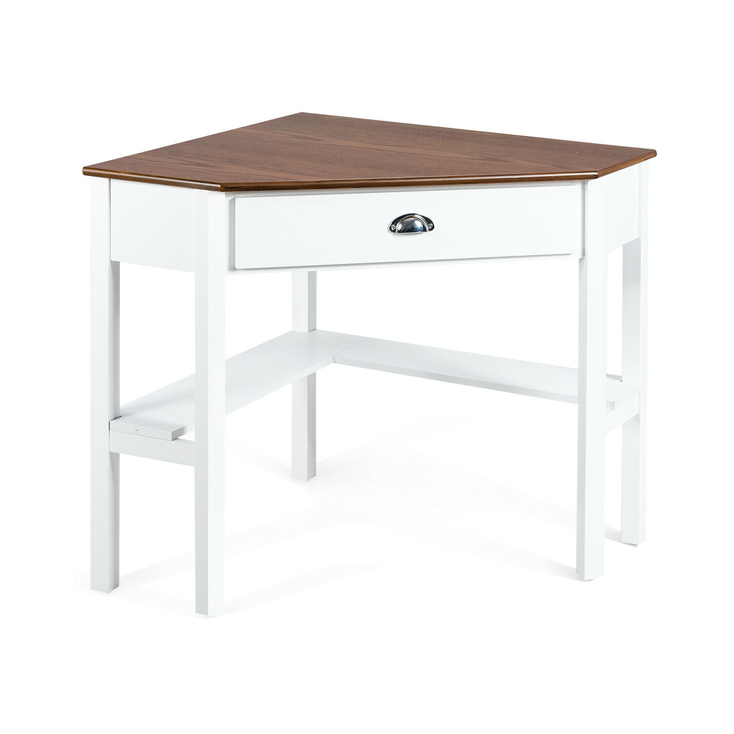 Bureau d'ordinateur en coin de Costway triangle avec tablettes à tiroir pour portable, table rustique