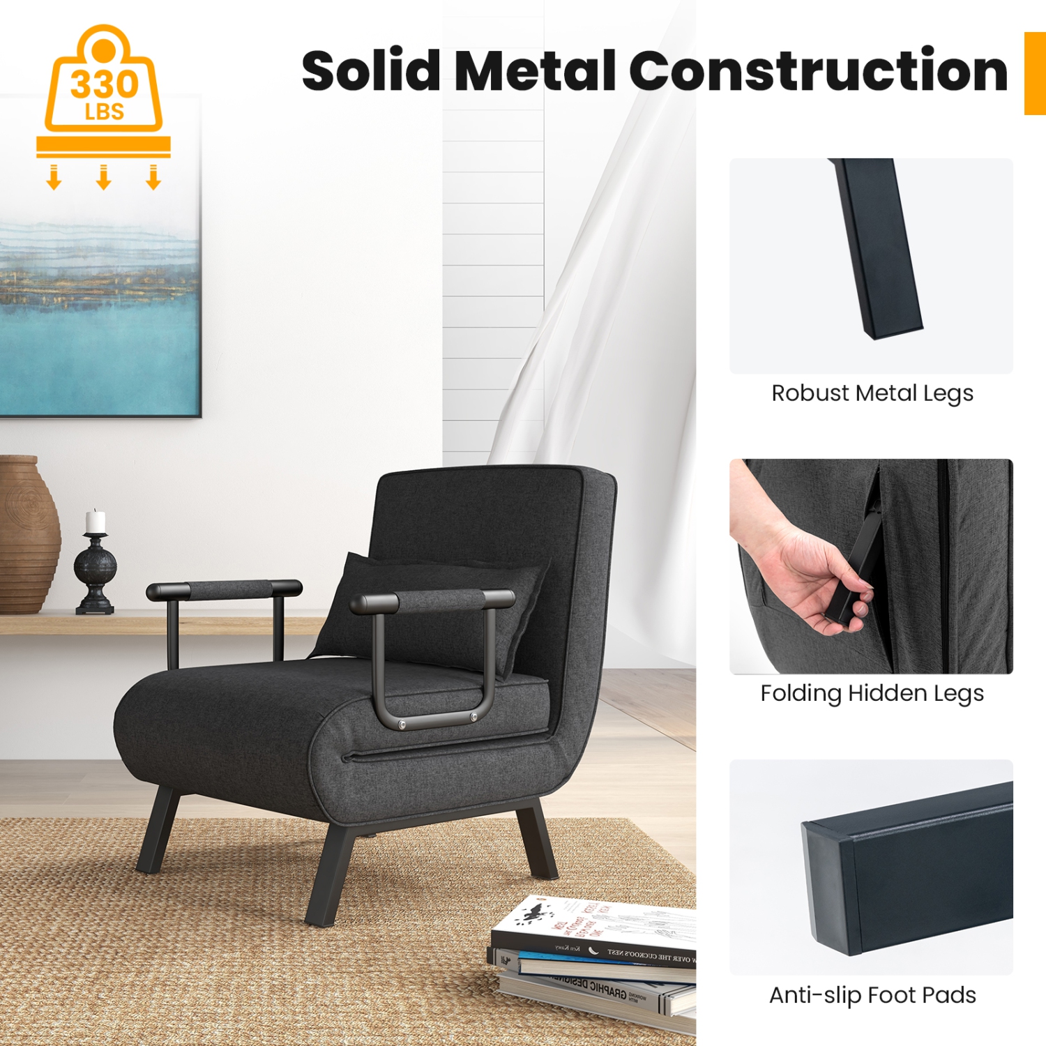 Costway Folding 5 Position Convertible Sleeper Bed Armchair Lounge Couch w/ Pillow