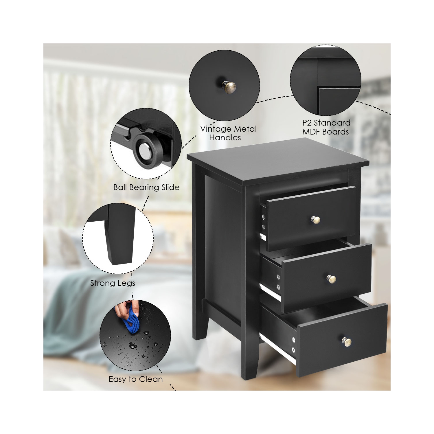 Table de chevet à côté de canapé avec armoire à 3 tiroirs de Costway, noir