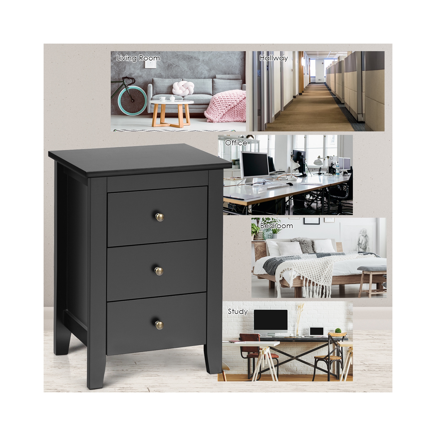 Table de chevet à côté de canapé avec armoire à 3 tiroirs de Costway, noir