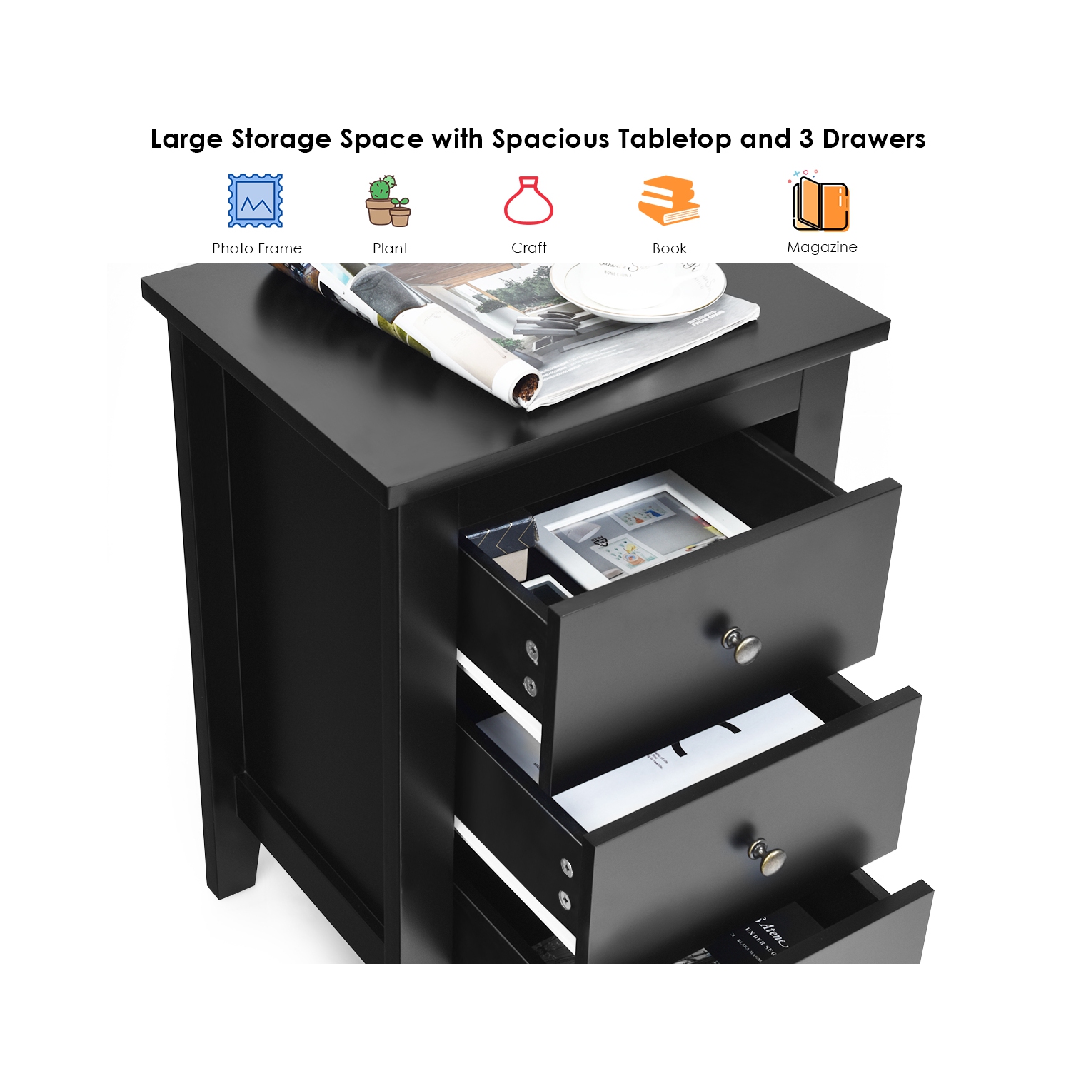 Table de chevet à côté de canapé avec armoire à 3 tiroirs de Costway, noir