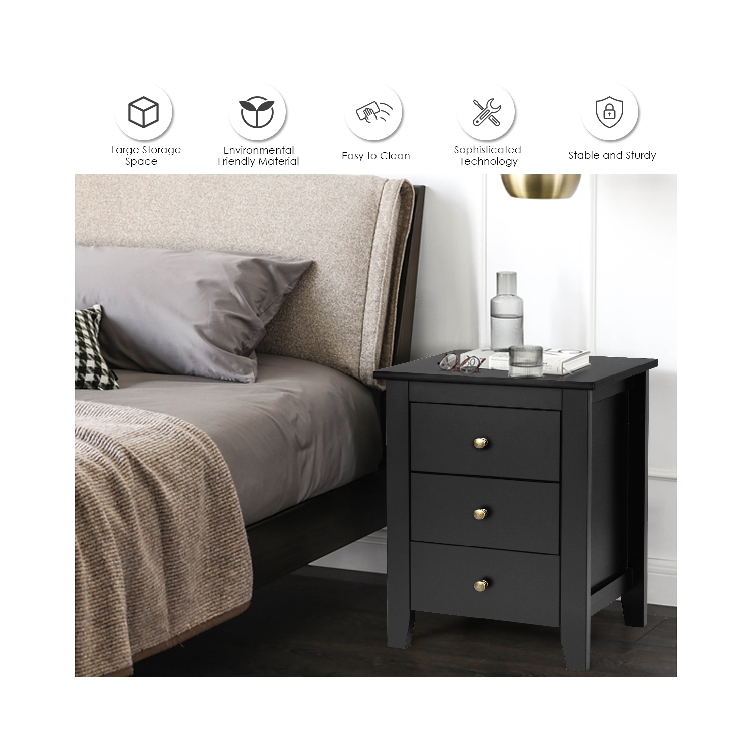 Costway Set of 2 Nightstand End Beside Sofa Table w/ 3 Drawers Bedroom Furniture Black